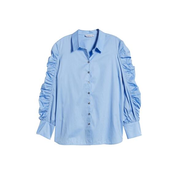 Harshman “Juliana” Ruched Sleeve Cotton Button-Front Shirt in Blue – NWT – XS - Picture 9 of 10